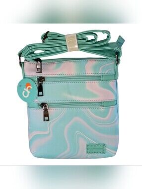 NWT Choco Mocha Crossbody Three Zipper Bag Blue/Pink Pastel Swirl